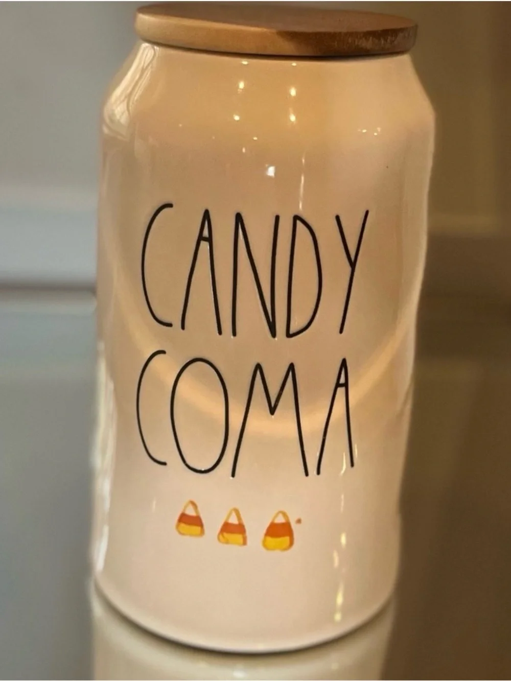 Rae Dunn Candy Coma Ceramic Treat Jar with Wood Lid - White